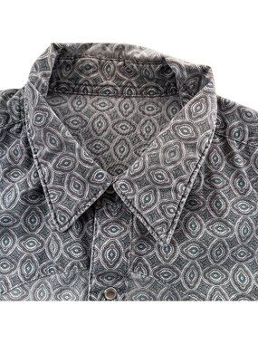 Men's Cowboy Western Shirt XL Vintage 1970's Medallion Print gray/Teal Hippy